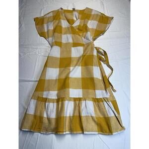 Old Navy Waist Defined Dress Sz M Wrap Front Tie Yellow & White Gingham Mini